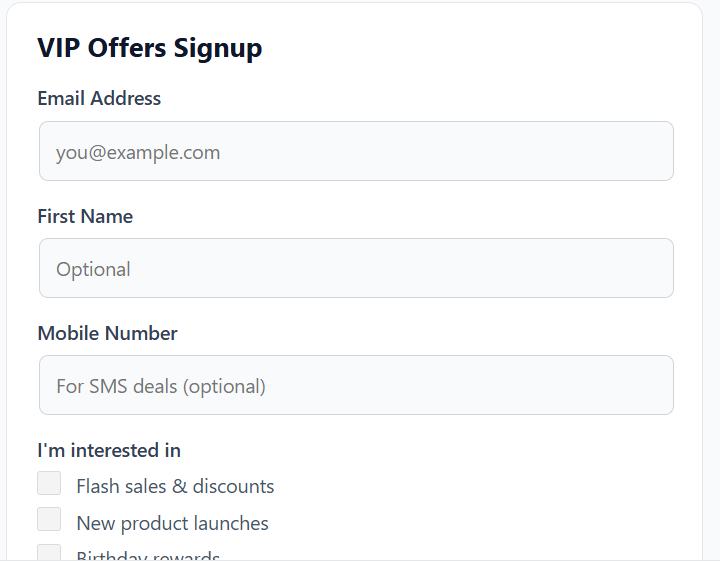 VIP Offers Signup